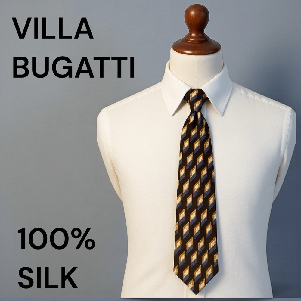 Villa Bugatti 100% Italian Silk Geometric Pattern Tie Brown Blue Gold